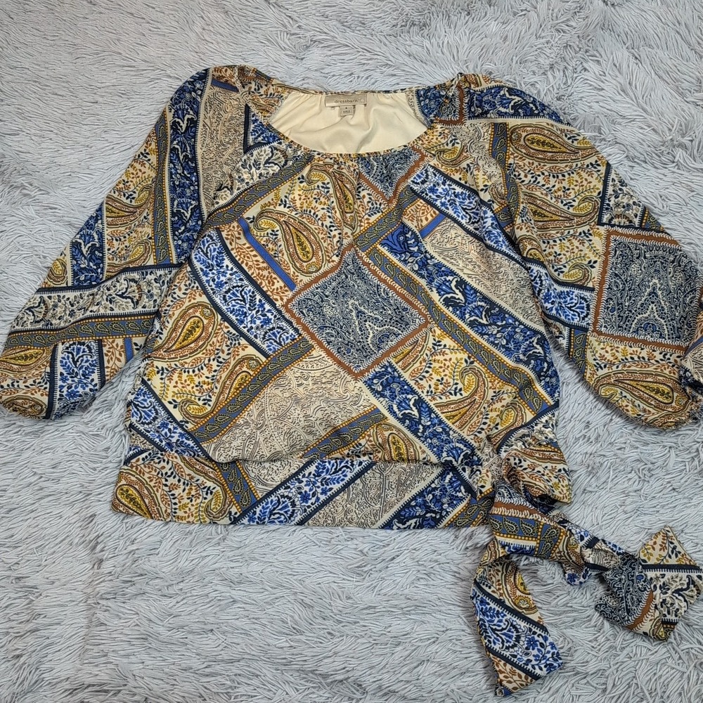 Dressbarn Shirt Womens S Gypsy Blouse Top Tie Casual Comfort Paisley Career
